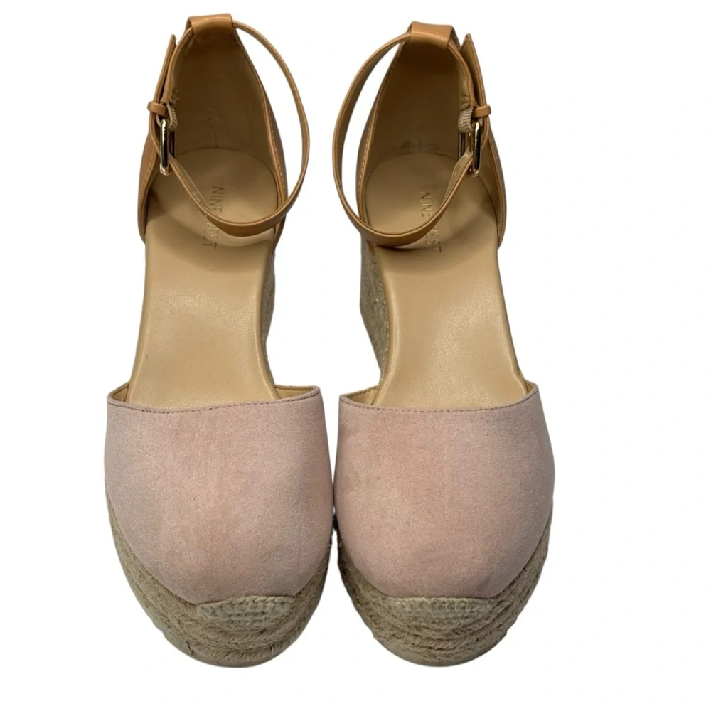 New Nine West Ariela Pink & Beige Espadrille Wedge Sandals Ankle Strap Size 10 M